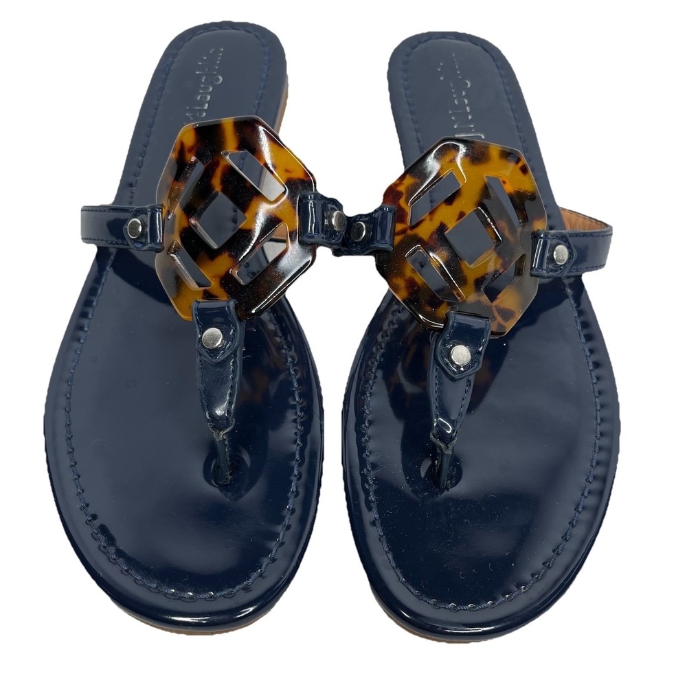 J McLaughlin Lucy Sandal 7 Patent Thong Medallion Flip Flop Slide Slip On Navy